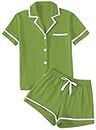 LYANER Women's Pajamas Set Button Short Sleeve Shirt with Shorts Set PJs Loungewear Grass Green Medium