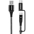 Ambrane 2 in 1 Type-C & Micro USB Cable with 3A Fast Charging Mobile Cable, 480 mbps Data Sync, Quick Charge 3.0, 1m Braided Cable, Compatible with All Type-C & Micro USB Devices (ABDC-10, Black)