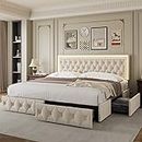 Keyluv King Upholstered LED Bed Frame with 4 Drawers, Velvet Platform Storage Bed with Adjustable Button Tufted Headboard and Solid Wooden Slats Support, No Box Spring Needed, Beige