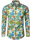 JOGAL Men's Flower Cotton Long Sleeve Casual Button Down Shirts (Multicolor, Small)