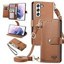 Furiet Wallet Case for Samsung Galaxy S22 5G Zipper Pocket Purse with Shoulder Wrist Strap, PU Leather Stand Flip Folio Card Holder Accessories Cell Phone Cover for S 22 22S 4G G5 6.1 inch Women Brown