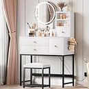 YITAHOME Makeup Vanity Desk with Mirror and Lights, Small Vanity Makeup Table for Bedroom with Lots Storage, 3 Lighting Modes, White