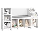 HOSTACK Kids Reading Nook, Nursery Bookshelf and Bookcase with Bench, Book Shelf Organizer with Seat Cushion and 6 Storage Cubbies for Playroom, Bedroom, White
