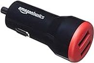 Amazon Basics 24W 2-Port USB-A Car Charger for Phones (iPhone 15/14/13/12/11/X, Samsung, and more), non-PPS, Black/Red