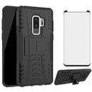 Phone Case for Samsung Galaxy S9 Plus with Tempered Glass Screen Protector Cover and Stand Kickstand Hard Rugged Hybrid Protective Cell Accessories Glaxay S9+ 9S S 9 9plus S9plus Cases Men Black