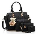 MORGLOVE Women PU Leather Handbag Top Handle Bag Messenger Bag Shoulder Bag Tote Bag Card Purse Black （4 Pcs Set）