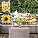 Sunflower Pillow Cover 18x18 Set with Garden Flag 12x18, Sunflower Decor Decorations for Home Outdoor Yard Backyard Lawn, Spring Summer Fall Buffalo Plaid Farmhouse Decor, Sunflowers Gifts Set of 5