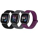 SHIJZWD 3 Packs Elastic Watch Strap Compatible with Fitbit Versa 4/Versa 3/Fitbit Sense 2/Fitbit Sense, Soft Breathable Nylon Sports Loop Band Stretchy Adjustable Replacement Wristband for Women Men