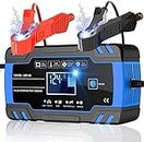 Automatic Battery Charger, 12V/24V 8Amp Car Battery Charger & Maintainer with 3-Stage Charging Repairs and 6 Functions Mode for Most Lead Acid Batteries, UK Plug, Blue
