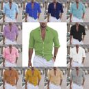 Mens Cotton Linen Long Sleeve TShirt Solid Loose Blouse Button Down Top T Shirts