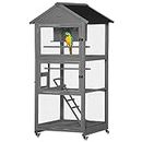 PawHut Bird Cage Aviary Wooden Bird House on Wheels Outdoor for Canary Finch with Perch Nest Ladder Slide-out Tray, Grey