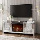 IKIFLY Mirrored Fireplace TV Stand, Mirrored Media Entertainment Center for TV up to 55 inch, Silver TV Console Table Mirrored Furniture for Living Room