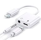 Lowfe 2 in 1 Lightning to 3.5 mm Headphone Jack Adapter with Charging Port Connector, iOS to Audio & Charging Cable Splitter for iPhone, iPad, Headphone/Earphones - White