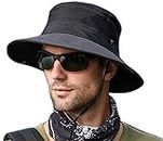 Alexvyan Black Round Crown Hat Sun Visor Hats for Men Wide Brim Summer Cap for Boys UV Protection Breathable Casual Beach Hat, Safari Hat Sun Protection Cap for Gents.
