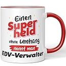 JUNIWORDS Tasse, Einen Superhelden ohne Umhang nennt man EDV-Verwalter, Rot (7516264)