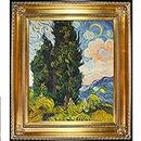 overstockArt La Pastiche Two Cypresses by Vincent Van Gogh with Gold and Black Regency Frame Oil Painting Wall Art, 32.5" x 28.5"