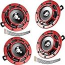 Tallew 4 Pieces 12V Loud Car Horn High Tone/Low Tone Twin Horn Kit with Protective Grill Super Loud Train Horn for Car Truck Motorcycle Metal Twin Horns Kit with Wiring Harness, Red