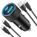 [Apple MFi Certified] iPhone 15 Car Charger Fast Charging, Veetone 66W USB-C PD&QC3.0 Power Cigarette Lighter USB Charger+2Pack Type-C Braided Cord for iPhone 15/15 Plus/15 Pro/15 Pro Max/iPad Pro/Air