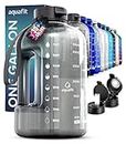 AQUAFIT 1 Gallon Water Bottle with Time Marker - 128 ounce Water Bottle with Straw - Gym Water Bottle, Big Water Bottle with Handle and Straw (Gray)