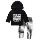 0-24M Baby Boys Long Sleeve Letter Print Hooded Pullover+Striped Pants Tracksuit (0-6 Months, Black+White)