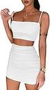 Womens 2 Piece Outfits Spaghetti Strap Ruched Cami Crop Tops Summer Bodycon Short Mini Skirt Dress Set Clubwear Small White