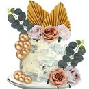 22Pcs Cake Toppers Decorations, Artificial Rose Flowers Leaves for DIY Birthday
