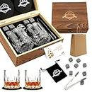 Whiskey Stones Glass Gift Set - Bourbon Scotch Whiskey Glasses Set of 2 - Granite Chilling Rocks in Premium Wooden Box - Best Drinking Gift for Men Dad Husband Father's Day Birthday Holiday Christmas