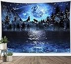 EOBTAIN Wolf Moon Tapestry Wall Hanging Mountain Forest Teal Blue Ocean Starry Night Sky Galaxy Nature Landscape Aesthetic Tapestry for Bedroom Living Room Indie Decor,60Wx40H inch