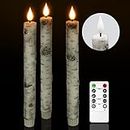 Flameless Taper Candles with Remote Timer, Pack of 3 Birch Bark Real Wax Battery Operated Candlesticks, 9.6 Inches LED Flickering Window Candles for Home Wedding Christmas Decor