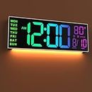 JALL 16" Large Digital Wall Clock with Remote Control, Dual Alarm with Big LED Screen Dispaly, 8 RGB Colors, Auto DST, Temperature for Living Room, Bedroom, Mounted, Gift for Elderly, White
