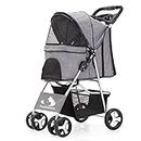 FURBULOUS Pet Dog Stroller, 4-Wheel Foldable Cat Dog Stroller with Underneath Storage, Easy to Fold & Unfold, Cup Holder Handle 360° Front Wheel Rear Wheel with Brake for Small Pets - Grey