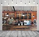 BELECO 7x5ft Fabric Cozy Coffee Restaurant Bar Backdrop for Photography Coffee Shop Interior Vintage Brick Wall Wooden Counter Background for Party Decorations Photo Booth Studio Props Wallpaper