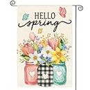 AVOIN colorlife Hello Spring Garden Flag 12x18 Inch Double Sided Outside, Floral Mason Jar Holiday Yard Outdoor Flag