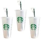 Starbucks - 3 bicchieri riutilizzabili in plastica dura Venti, 680 ml, con coperchio e cannuccia verde, con tappo