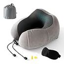 Good Nite Travel Pillow Neck Memory Foam Support Pillow for Adults Travel Airplane Camping Car Train Office Pillow Flight Plane Pillows with Ear Plugs Eye Mask Carry Bag Grey