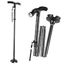TigerBoss Foldable Ergonomic Walking Cane Crutch for Men & Women, with LED Light, Collapsible Lightweight Adjustable Aluminum Portable Hand Walking Stick with T Handles - Great Balancing Mobility Aid