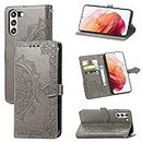 Mandala Flower Relief Phone Wallet Cases Samsung Galaxy S 21 S21 FE S21FE S21 Fan Edition Leather case Card Slots Stand Holder flip Cover (Gray,Samsung S21FE)