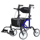 ELENKER 2 in 1 Rollator Walker & Transport Chair, Folding Wheelchair with 10” Non-Slip Wheels for Seniors, Reversible Backrest & Detachable Footrests, Blue