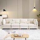 MYINDA L Shaped Convertible Modular Sectional Sofa with Movable Ottoman, Free Combination Corduroy Upholstered Corner Couch with Wooden Legs and Thicked Cushions for Living Room (Beige)