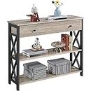 Yaheetech Console Table with Drawer for Entryway, Narrow Entry Table for Living Room with Drawer & Open Storage Shelves, Industrial Wood Hallway Sofa Table with Stable Metal Support, Gray