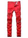 LOSIBUDSA Men's Skinny Slim Fit Straight Ripped Destroyed Distressed Zipper Stretch Knee Patch Denim Pants Jeans - red - 30