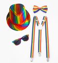 Way to Celebrate Rainbow Pride Hat-Bowtie -Suspenders-Glasses Novelty  4 PC Set