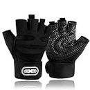 HCFGS Gym Weight Lifting Workout Gloves with Wrist Wrap Support, for Men & Women, Breathable & Full Palm Protection, for Exercise Weightlifting, Training, Fitness, Cycling, Hanging, Pull ups (Black)