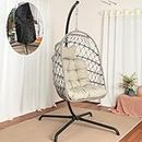 LKINBO Indoor Outdoor Hanging Egg Chair with Stand and Cover, Patio Wicker Swing Chair 450lbs Capacity Egg Chairs with UV Resistant Cushion for Bedroom Outside Balcony Patio Living Room, Gray