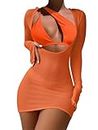 Lilosy Sexy Long Sleeve One Shoulder Bikini Fishnet Beach Swim Cover Up Dress, One Shoulder Orange, X-Large