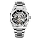 Tourbillon Design Men's Analog Automatic Stainless Steel Wrist Watch Mechanical Skeleton Male Clock (Silver Black)
