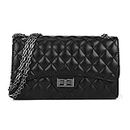 Quilted Crossbody Bags for Women Leather Ladies Shoulder Purses with Chain Strap Stylish Clutch Purse, Black, Medium