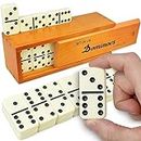 Queensell Jumbo Dominoes Set for Adults and Kids – Domino Set for Classic Board Games – Jumbo Dominoes Double 6 for Travel Games – Dominos Set for Adults 28 Tiles with Brown Wood Case