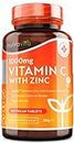 Vitamine C 1000 mg et Zinc 15 mg - 210 comprimés Végan - Zinc Albion® pour une meilleure absorption - Supplément entièrement Végan de Vitamine C et de Zinc de haute résistance – Nutravita