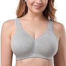 TELIMUSSTO Women's Plus Size Soft Cotton Lace Bra Full Coverage Wirefree Non-Padded 36-I Gray